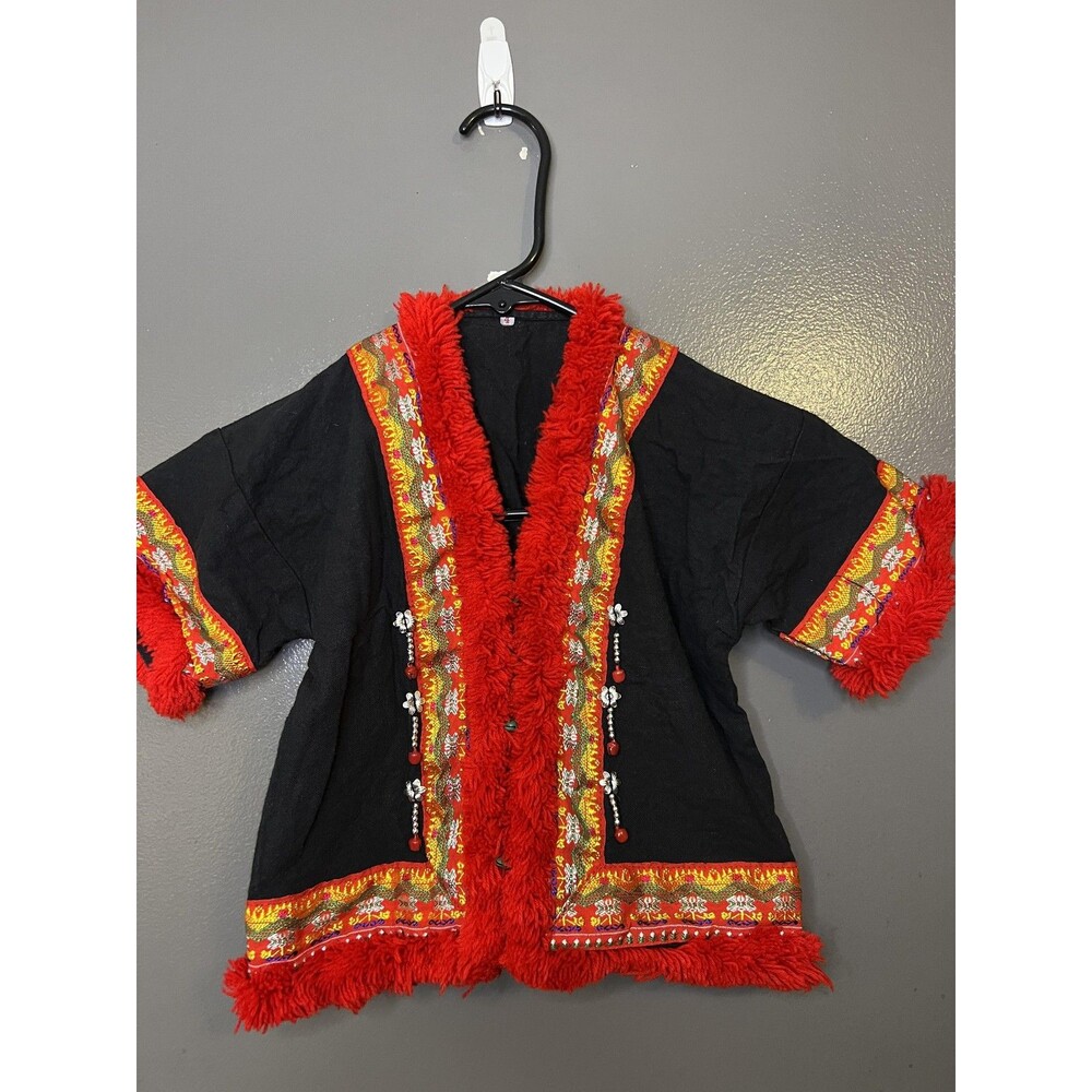 Kimono Folk Jacket Kids 4 Black Red Embroidered Trim Beaded Festival